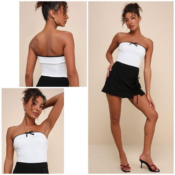 Lulus Harmonious Style Bodysuit Women's L White Black Strapless Bow NWOT - Picture 1 of 10